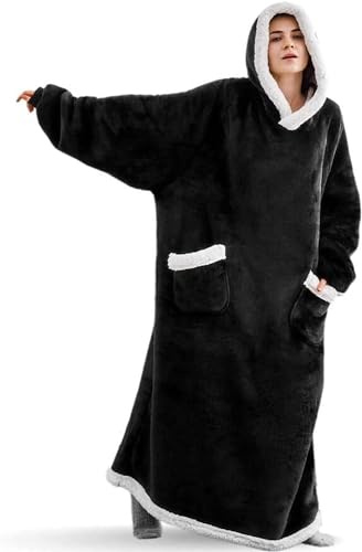 Seogva Extra Long Wearable Blanket Hoodie, Oversized Blanket Sweatshirt for Women and Men, Super Warm and Cozy Giant Hooded Blanket with Thick Flannel Material and Giant Pocket - Black