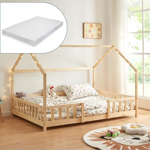[en.casa] Lit Cabane avec Matelas à Mousse Froide Anti-Allergique Lit Enfant en Forme de Maison avec Sommier à Lattes Barrière de Sécurité Bois de Pin Contreplaqué 140 x 200 cm Naturel