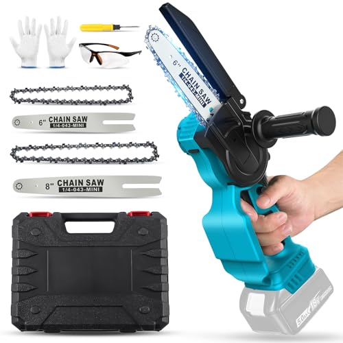 Mini Akku Kettensäge kompatibel mit Makita 18V Akku, 6-8 Zoll Bürstenlose Elektro-Kettensäge mit Kette, Handschuhen, Schutzbrille, Schraubendreher, Handkettensäge für Baumzweige und Gartenschnitt