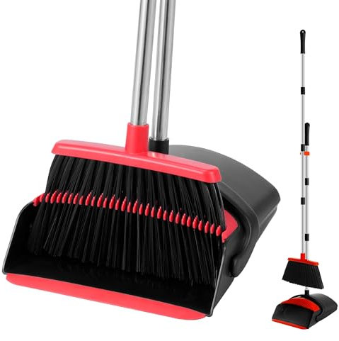Broom and Dustpan Set, Broom Dustpan Combo Set for Home Commercial Cleaning Supplies Angle Broom with Long Handle Perfect for Courtyard Garage Street (Broom-red)