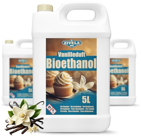 Bioetanol 96,6% 15L | Alcohol orgánico aroma vainilla 96,6% 3x5L | Bioetanol para chimenea, chimenea de mesa, chimenea de bioetanol | Bioetanol Vainilla | Combustión limpia, sin humo, llama viva y