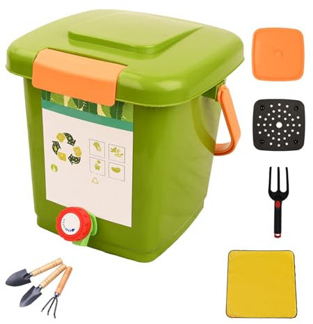 Set di 2 bidoni per compostaggio da cucina, capacità 6,6 cm, 10 litri, design salvaspazio, facili da trasportare, eleganti bidoni per compost per bancone della cucina (8 L)