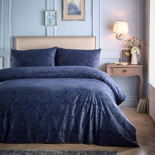 Appletree - Navy Floral Embossed Duvet Cover - King Bedding Size (230 x 220cm) - Soft Velvet Bedding in Blue - 2 Pillowcases - Engraved Floral Flowed Duvet Cover - Velvet Blue Bedding
