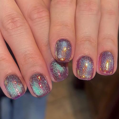Glitter False Square Nails - Purple Grey Starry Sky - Stick on Nails for Women - Full Cover Nail Tips for DIY Nail Art