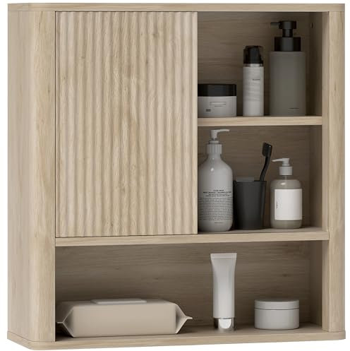 HOMCOM Armario de Baño de Pared Mueble de Baño Colgar con Estantes Ajustables Puerta Corredera Compartimentos y Diseño con Perfil Curvo 60x20x62 cm Natural