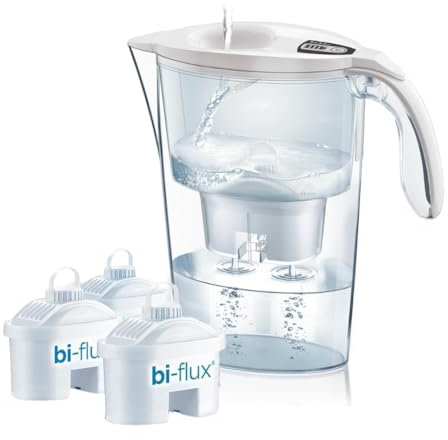 LAICA Stream Line Caraffa Filtrante - 2,3L - Bianca - Timer Digitale - 3 Filtri bi-flux Inclusi, Preserva i Sali Minerali Utili all'Organismo e Riduce Cloro e Metalli Pesanti - Made in Italy