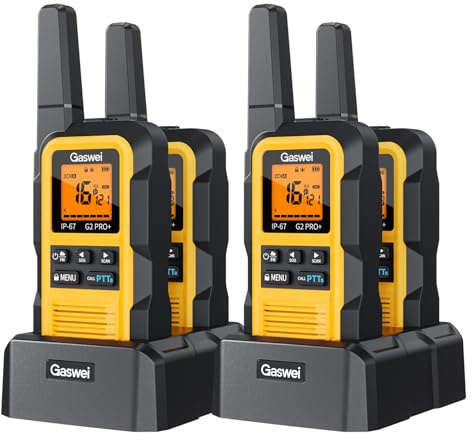 Gaswei G2Pro Professionelle Walkie-Talkies für Erwachsene [IP67 wasserdicht & schwimmfähig] Langstrecken-Funkgerät mit Doppel-PTT, SOS-Wetteralarm,FM-Radio + Akku für Outdoor, (4er-Set in Gelb)