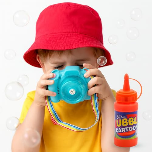 AMATOYS - Camara de Burbujas para Niños - Juguete Infantil con Luz y Sonido - Maquina Automatica para Hacer Burbujas - Camara de Juguete para Niños - Pompero Automatico (CAMRA Azul)