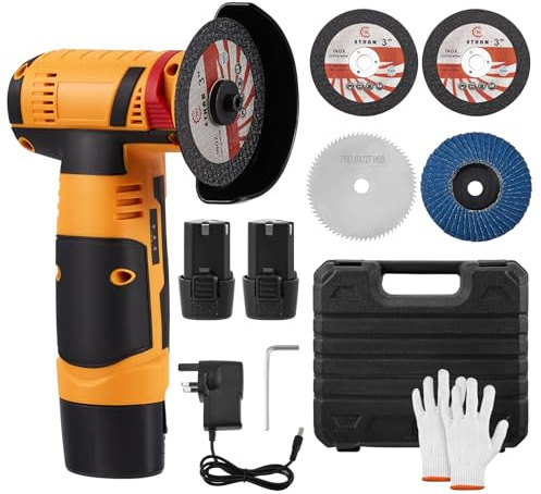 Cordless Angle Grinder,12V 19500RPM Brushless Angle Grinder with 2PCS Batteries,75mm Mini Angle Grinder Tool with Side Disc,Saw Blades,Storage Box,for Cutting Polishing and Grinding