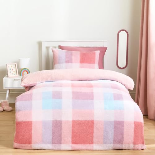 OHS Single Teddy Fleece Duvet Set, Christmas Winter Fluffy Cosy Patchwork Check Sherpa Reversible Duvet Cover Single Super Soft Warm Thermal Teddy Bear Bedding & Pillowcases, Multi