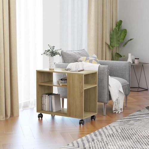 Bucmath Sidobord Sonoma-ek 70 x 35 x 55 cm, elegant träbaserade soffbord med hjul, 2 nivåer, mångsidigt förvaringsutrymme för vardagsrum, stabilt och hållbart