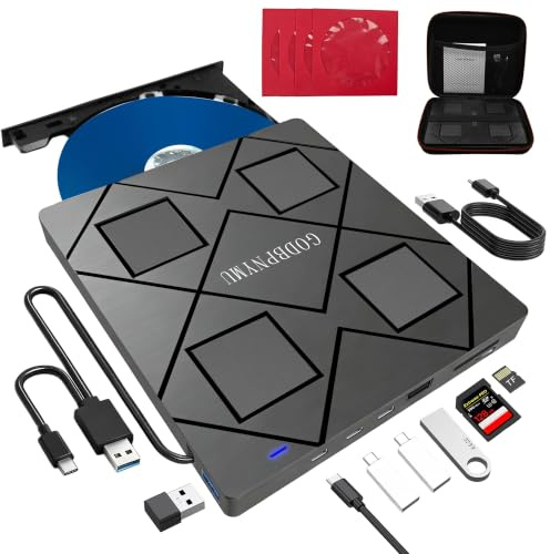 GODBPNYMU External blu ray Drive,8-in-1External blueray/DVD Drive for pc | Featuring USB*2 /C*2,TF/SD Card Reader blu ray Burner,Compatible with Windows 11/10/ 8/7/,Mac os. Comes with 1+4 Storage Bag