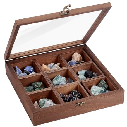 PH PandaHall 9 Grids Wooden Rock Display Case Gemstone Collection Box Detachable Crystal Storage Box Gem Holder Organizer with Lid for Jewellery Seashells Display Collectibles Gift