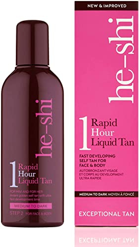 He-Shi Schnelles 1-Stunden-Flüssigbräunungsmittel – Sofortige Selbstbräune ohne künstlichen Bräunungsgeruch – Schnell trocknend und streifenfrei – Natürliche vegane Bräune mit Vitamin E – Körper- und Gesichtsbräune (150 ml)