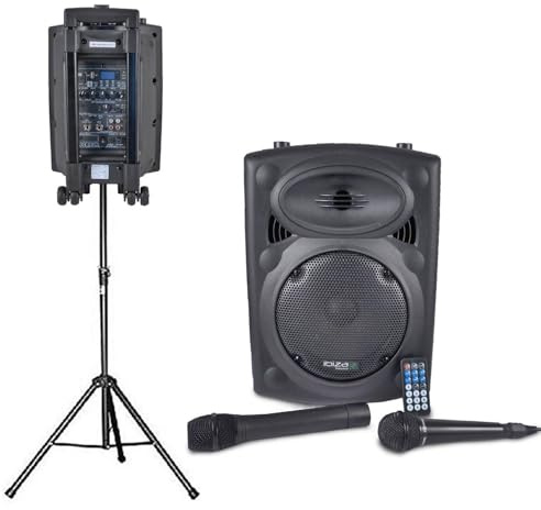 Ibiza PORT8VHF-BT Impianto audio portatile cassa attiva (400 Watt, ingressi USB SD MP3 con funzione recording, 2 microfoni, batteria integrata, telecomando) + Supporto Speaker