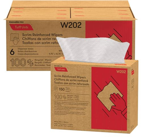 Cascades PRO Tuff-Job Wipers – Disposable Pop-Up Dispenser – Heavy-Duty Cleaning Towels for Shop, Garage, Janitorial, Automotive, Commercial use – 150 Sheets/Pack, 6 Packs/Box – W202 - White