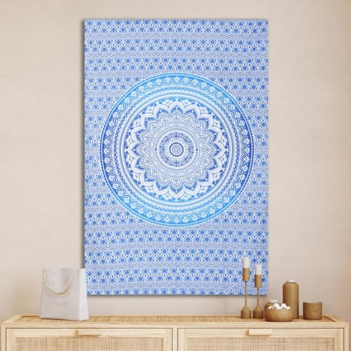 THE ART BOX Indie Cotton Mandala Piccolo Tapestires Blu e Bianco 75 x 100 cm - Telo da parete psichedelico decorativo da appendere poster, Arazzo estetico per camera da letto