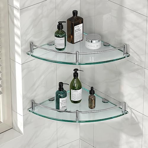 YorkHoMo Glass Corner Shelves Tempered Bathroom Eestantes para Baños with Rail Wall Mounted Drill Hole for Corner Shower Shelf for Inside Shower 2 Pack（Sliver）