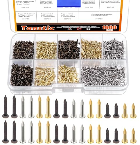 Tanstic 1 600 st små spik-kit, 1 x 6 mm, 1 x 8 mm, 1 x 10 mm små träspikar för trä gör-det-själv dekorativa bilder minilådor hushållstillbehör (guld/brons/silver)
