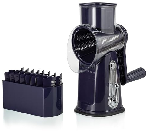 5-in-1 Rotary Cheese Grater with Handle – Stainless Steel Blades, Vegetable Slicer & Shredder, Nut Grinder, Carrot & Cabbage Grater, Easy-to-Clean Kitchen Tool (Purple)