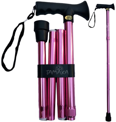 TAMAKA® Bastón de aluminio metálico compacto con mango de gel de agarre suave de 4 partes, plegable, ajustable, para damas, mujeres, vibrante, brillante, brillante, diseñador, moderno, 85 cm - 95 cm