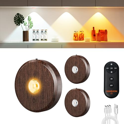 MEKKLEON Puck lumières avec télécommande Rechargeable, sans fil sous l’éclairage d’armoire,2000mAh à piles Tap Push Touch lumières (couleur bois, 3 Pcs) (Wood color, 3 Pcs)