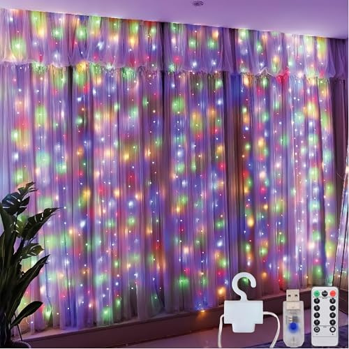 Clearhill 3 x 3 gardinljusslingor, 300 LED, färgglada, 8 lägen hängande felyslinga med fjärrkontroll och timer, USB-driven, vattentät för inomhus/utomhusdekorationer - sovrum, bröllop, fest