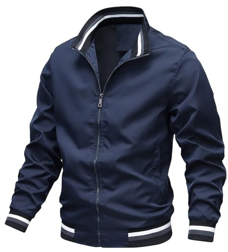 Mens Jacket Thin Bomber Jacket Outdoor Lightweight Hiking Jacket Casual Windbreaker Coats with Zip Pockets Blue XL