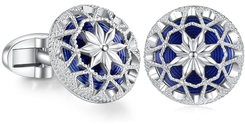 HONEY BEAR Gemelli Fiore Cavo per Uomo Regalo di Nozze Business, Blu reale con argento