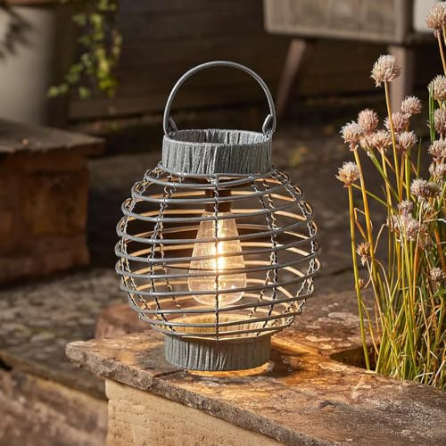 Garden Mile Solar LED Lantern Lighting for Garden Hanging Rattan Effect Silver Light Table Lamp Large Warm White Lantern 23.5cm Outdoor Solar Powered Lamp