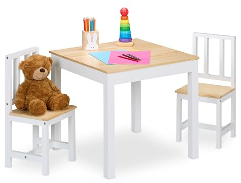 Relaxdays Tavolino da Bambini con Sedie per Cameretta, Piccolo Tavolo da Gioco 2 Seggiole, Legno e MDF, Naturale Bianco