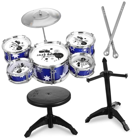 FRCOLOR Batterie Garçon Fille Bleue avec Tabouret Kit Jazz Percussion pour Garçon Fille Ans Instrument Musical Éducatif Complet pour Développer Rythme et Créativité