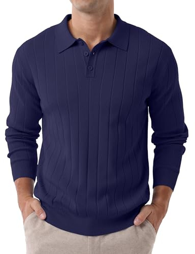 Hisir Mens Polo Jumpers Long Sleeve Winter Knit Sweater Shirts Regular Fit Casual Classic Vertical Stripes Tops