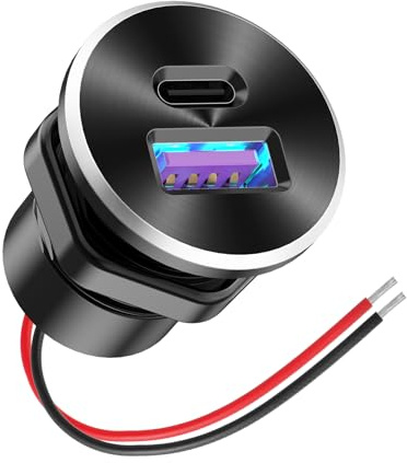 Mini 12V USB Outlet Aluminum Car Charger with PD30W and QC 18W Ports, 22mm Diameter Flush-Mounted Pre-Wired Cigarette Lighter Replacement Charger Socket for Car Boat RV Truck Motorcycle, etc.