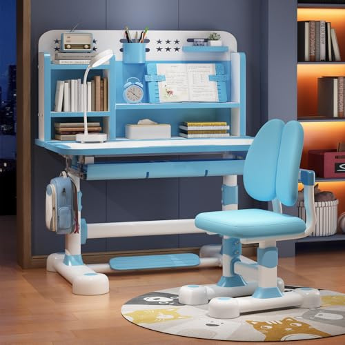 joukares Children Desk and Chair Set, Study Table for Kids, Home School Study Table, Height Adjustable Desk Chair with Drawers, Storage Compartments, Reading/Learning/Writing (Blue)