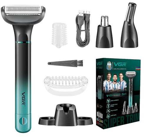 VGR 625 3 en 1 Tondeuse Partie Intime Homme, Rasoir Nez Homme Sans Fil avec Base, Tondeuse Multifonction Convient pour La Poitrine, Jambes, Aisselles, Le Nez et Le Visage, Étanche IPX5, Vert