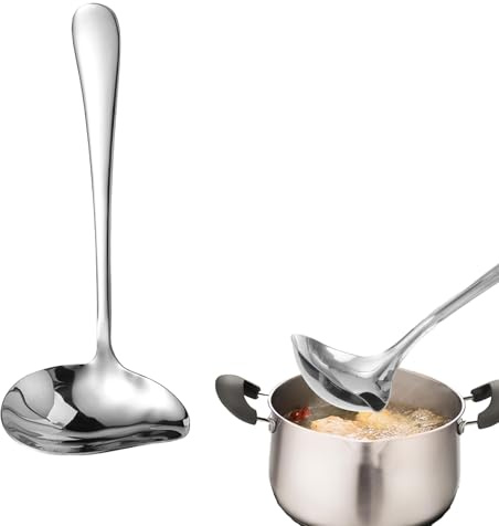Un cucchiaio con beccuccio, in acciaio inox, cucchiaio da minestra da 18,5 cm. Acciaio inossidabile con superficie parzialmente opaca, lavabile in lavastoviglie, adatto per salse, zuppe e salse