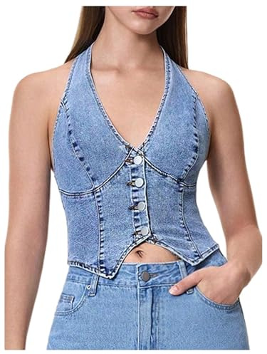GORGLITTER Women's Denim Halter Neck Tops Tie Jeans Vest Crop Top Waistcoat