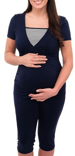 Herzmutter Pijama Corto para Embarazadas - Pijamas de enfermería - Pijama de Maternidad - Rayas - Azul-Blanco-Gris - 2600 (M, Azul/Blanco)
