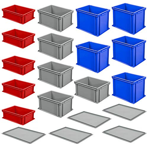 BRB 15 cajas apilables / cajas europeas en 3 tamaños / 3 colores (largo x ancho x ancho 400 x 300 mm, 5 x 170, 220 y 320 mm de alto + 5 tapas de soporte)