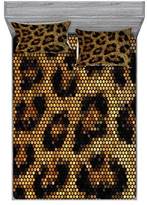 ABAKUHAUS Psychedelisch Buntes Spannbetttuch- und Kissen-Set, Leopard Motiv Trippy, Dekoratives und Bedrucktes 3-teiliges Bettwäscheset, 150 cm x 200 cm, Aprikose Dunkelbraun