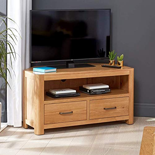 The Furniture Market Soho Curved Oak Corner TV Unit – Fits TVs Up to 50” | Modern Oak Corner TV Stand with Open Shelf and Storage Drawers | Natural Oak Finish - H 550mm x W 1050mm x D 550mm