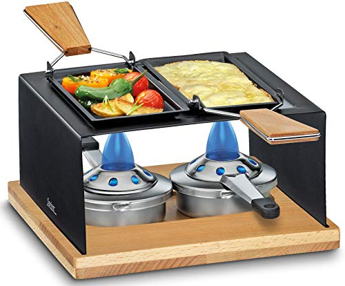 Spring Gourmet Party Käse Raclette Set für 2 Personen - Mit Edelstahl-Wärmeverteilscheibe, Buchenholzplatte, 2 Beschichteten Pfännchen, 2 Holzschabern und Sicherheits-Pastenbrennern
