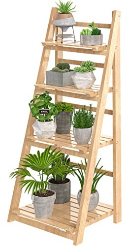 HOMIDEC Plant Stand, 4 Tier Wooden Ladder Shelf Foldable Display Flower Plant Stands, Free Installation Plant Stands Indoor Corner Storage Shelves Bookshelf for Garden Balcony Living Room, Natural