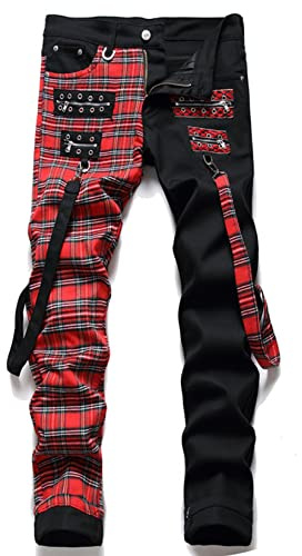 MRLION Men Punk Jeans Trendy Scotland Plaid Denim Pants Streetwear Rivet Patchwork Spliced Slim Straight Trousers,Black Red,32
