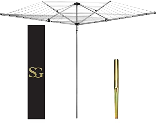 SG Traders 4 Arm 60m Rotary Washing Line Outdoor, Heavy Duty Large Clothes Rotating Airer Dryer Garden use, Easy to Open and Close along with Ground Spike and Cover - Silver (60m)