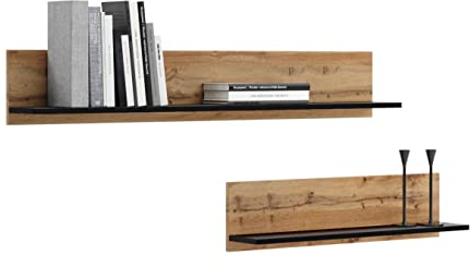 Wandregal 2 Stück je 100cm breit, Wandboard, Dunkles Holz mit schwarzem Schwebe-Regal für Bücher, Bilder, Deko, Wohnzimmer, Schlafzimmer, Esszimmer, Flur