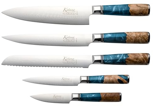 Katana Saya Elements, 6 Piece Knife Block Set, Ocean Blue, Chef's, Carving, Bread, Utility and Paring Knife, Wood Block, Japanese VG-10 Damascus Stainless Steel, Olive Wood with Resin Handle