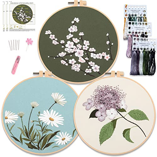 Myfelicity Kit de broderie, 3 ensembles de motifs floraux, comprend 3 tissus à broder à motifs, 3 fils, 3 instructions en papier, 6 aiguilles et 1 cerceau