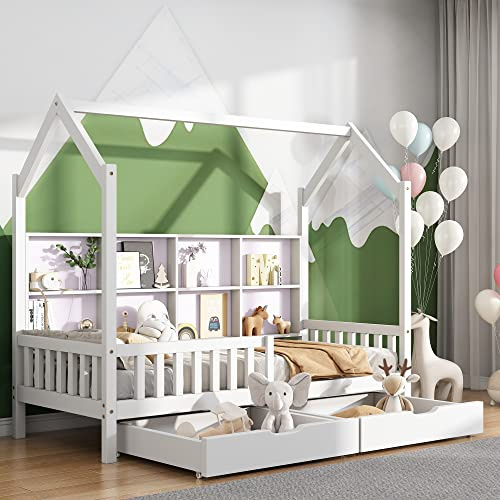 Moimhear Kinderbett Hausbett mit Schornstein 90 x 200 cm, Kiefernholz Haus Bett for Kids (Weiß+2 Schubladen+Ablageregal)